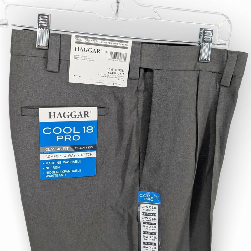 Haggar Mens Cool 18 Pro Comfort Waistband Slim Fit Flat Front Pants Grey 38 x 32